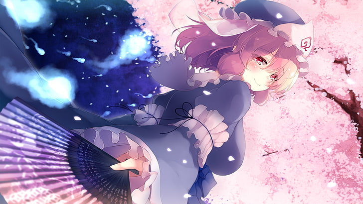 touhou, saigyouji yuyuko, sonriente, flor de cerezo, cabello rosado, Anime, Fondo de pantalla HD