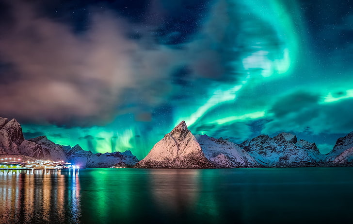 su kütlesi, Norveç, mavi, gökyüzü, dağlar, ışıklar, su, doğa, aurora, yansıma, renkli, turkuaz, mavi, HD masaüstü duvar kağıdı