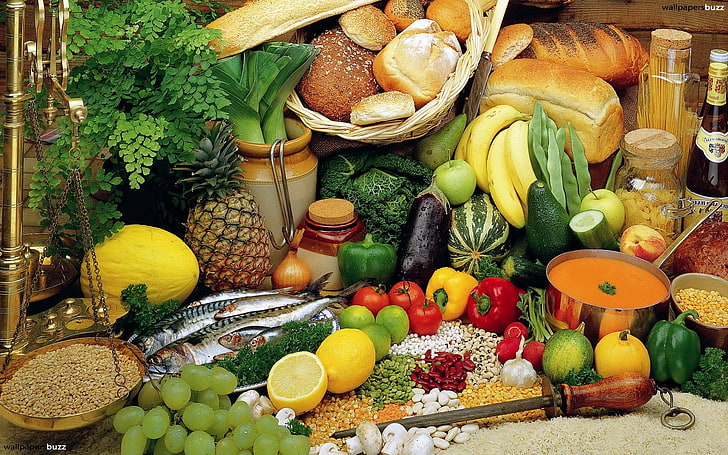 fruits and vegetables, bread, vegetables, fruit, allsorts, fish, groats, HD wallpaper