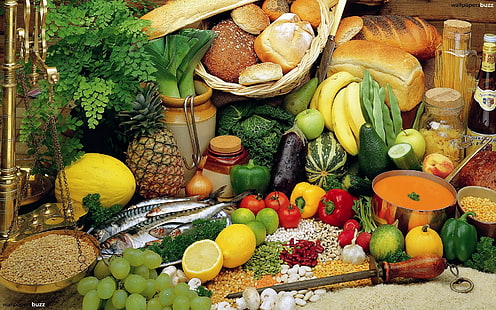 фрукты и овощи, хлеб, овощи, фрукты, ассорти, рыба, крупа, HD обои HD wallpaper