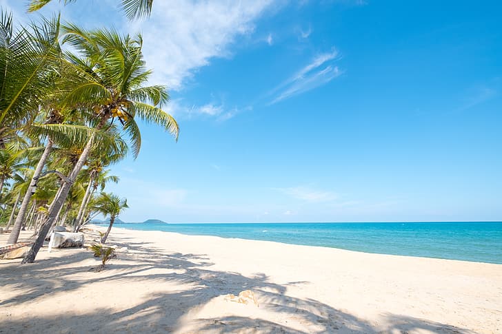 sand, sea, wave, beach, summer, the sky, palm trees, shore, seascape, beautiful, paradise, palms, tropical, HD wallpaper