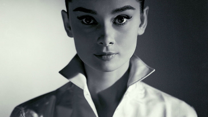 women's collared top, Audrey Hepburn, monochrome, women, looking at viewer, actress, face, portrait, HD wallpaper