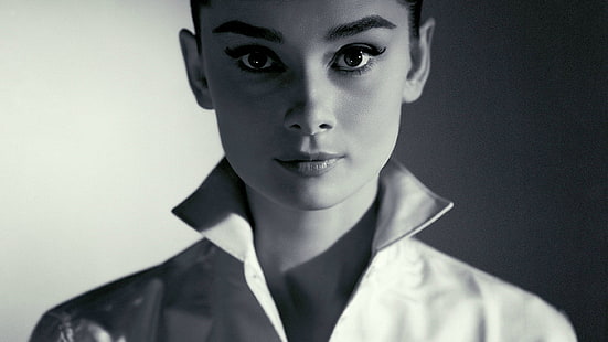 top de colarinho feminino, Audrey Hepburn, monocromático, mulheres, olhando para o espectador, atriz, rosto, retrato, HD papel de parede HD wallpaper