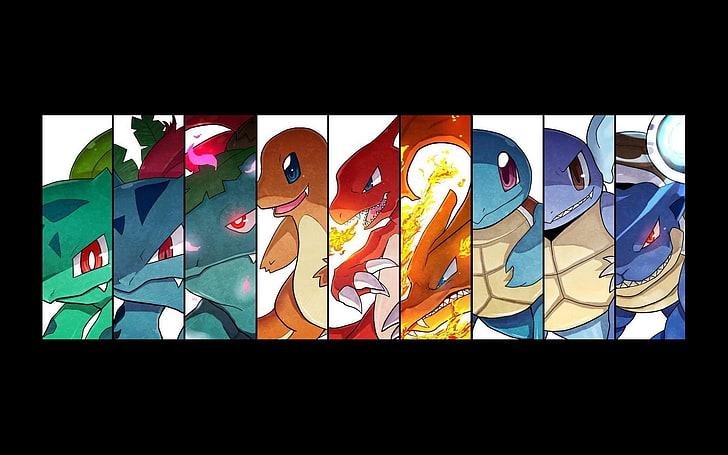 personagens variados de Pokemon, personagem Pokemon evoluir formas, Pokémon, Bulbasaur, Squirtle, Charmander, Venusaur, Ivysaur, Charmeleon, Charizard, Wartortle, Blastoise, Pokemon First Generation, videogames, colagem, HD papel de parede