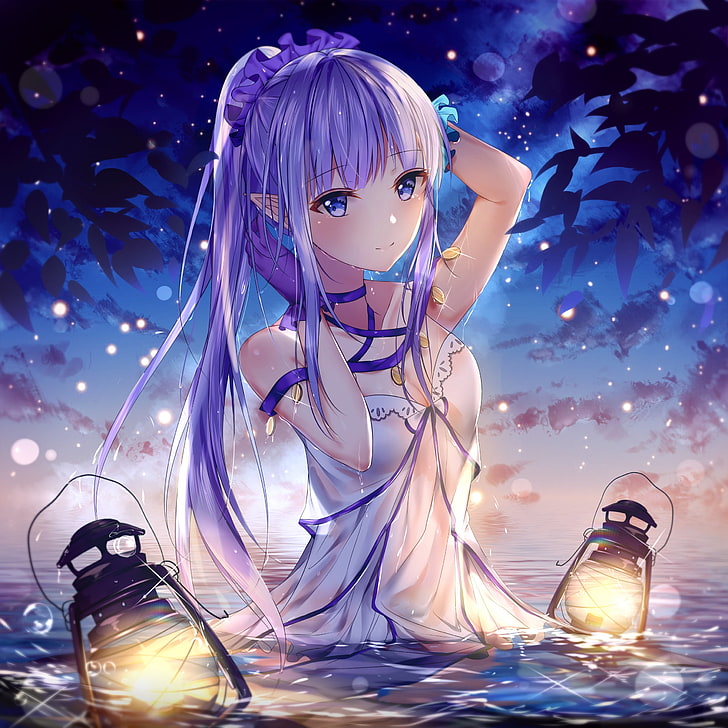 purple haired female anime character on underwater, anime, anime girls, junpaku karen, caster lily, Fate Series, Fate/Grand Order, long hair, blue hair, blue eyes, pointy ears, blushing, gloves, hands in hair, dress, wet clothing, hair ornament, water, lantern, HD wallpaper
