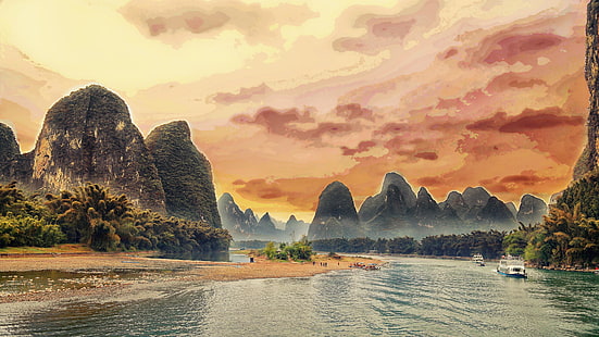 krajobraz, azja, chiny, guangxi, guilin, hrabstwo yangshuo, rzeka li, szczyty, zamontuj dekoracje, natura, góra, malarstwo, szczyty krasowe, kras, bank, woda, rzeka, niebo, Tapety HD HD wallpaper