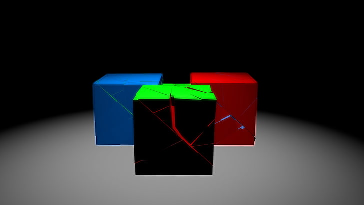 tre blå, gröna och röda lådor digital tapet, kub, digital konst, enkel bakgrund, blå, röd, grön, abstrakt, HD tapet