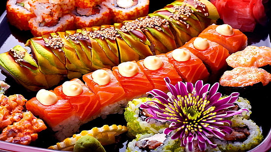 kuchnia, jedzenie, danie, warzywo, azjatyckie jedzenie, miska sushi, owoce morza, sushi, dodatek, kuchnia japońska, bułki, rolka sushi, Tapety HD HD wallpaper