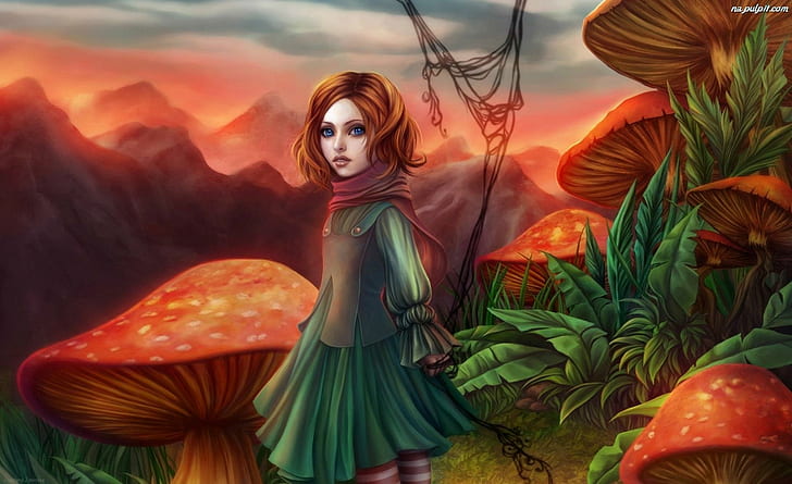 Jamur L, jamur, gadis, fantasi, tanaman, 3d dan abstrak, Wallpaper HD