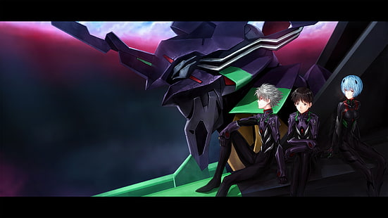 tre personaggi anime accanto al robot sfondo digitale, Neon Genesis Evangelion, Ayanami Rei, Ikari Shinji, Kaworu Nagisa, EVA Unit 01, anime, Sfondo HD HD wallpaper