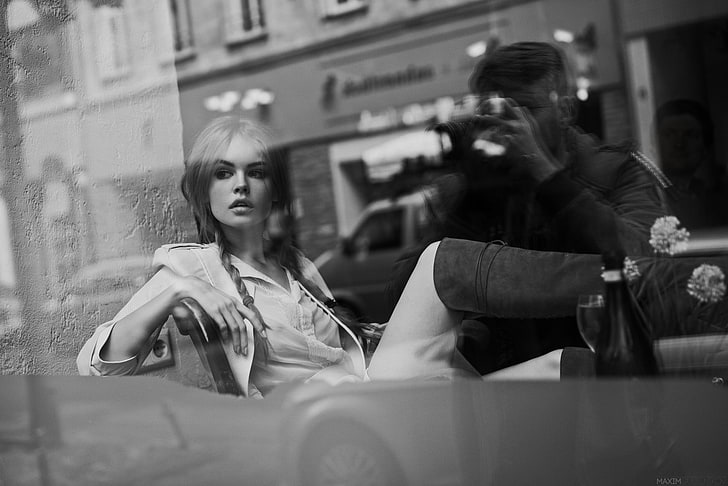 Anastasia Scheglova, Maxim Guselnikov, monochrome, long hair, braids, blonde, women, model, legs, sitting, reflection, men, photographer, HD wallpaper