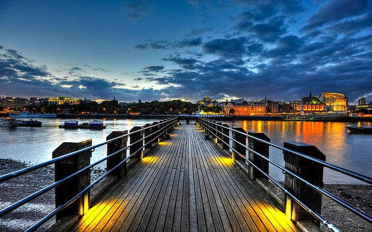 Thames Pier, Twilight, England, London, uk, River, Thames, HD wallpaper