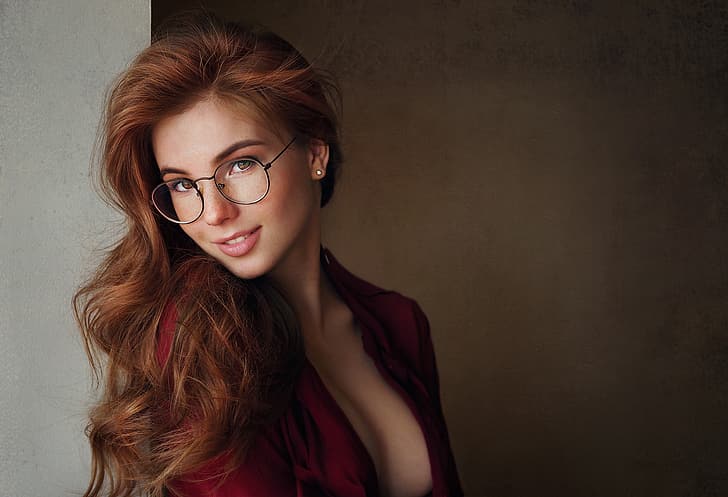 Sean Archer, Anna Fedotova, redhead, portrait, face, model, women, women with glasses, HD wallpaper