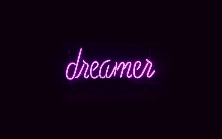 dreamers, neon, sign, dark, illustration, art, purple, HD wallpaper