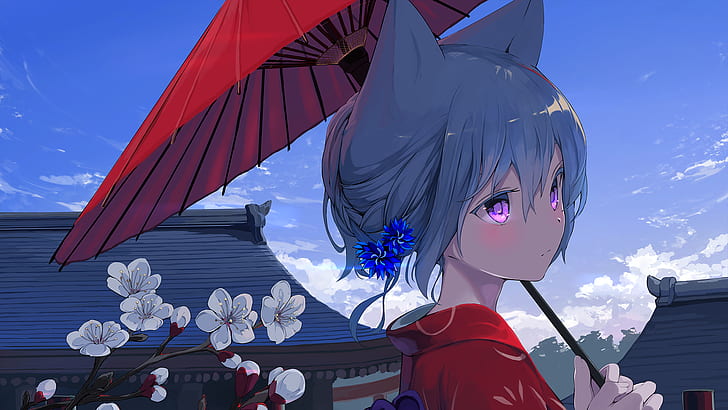 Anime, Original, Animal Ears, Blue Hair, Flower, Purple Eyes, Umbrella, HD wallpaper