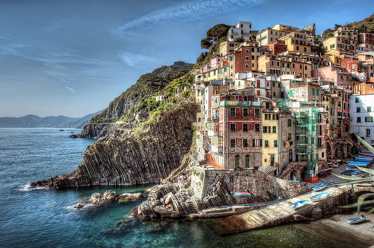 Cinque Terre, Italy, sea, landscape, rocks, coast, building, boats, Italy, Riomaggiore, HD wallpaper