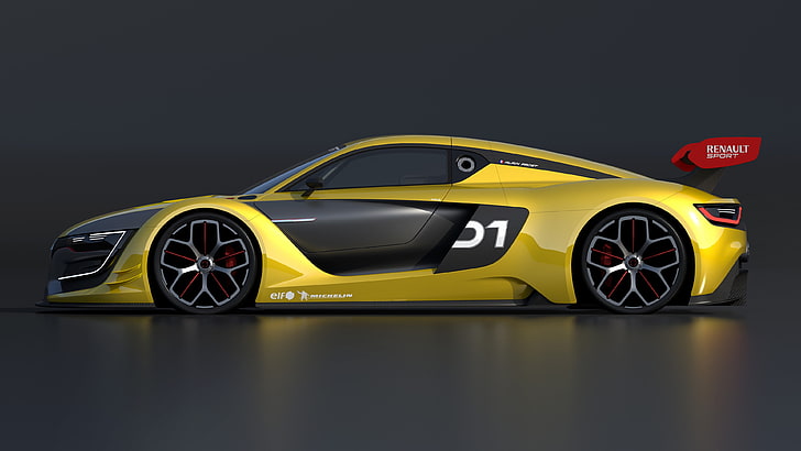 жълт и черен спортен автомобил, Renault Sport R.S. 01, кола, превозно средство, състезателни коли, прост фон, HD тапет