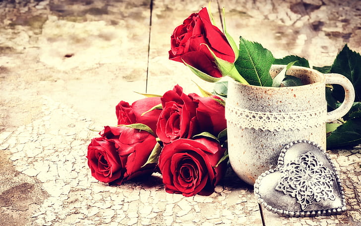 Día de San Valentín, rosas rojas, corazones de amor, taza, San Valentín, día, rojo, rosa, flores, amor, corazones, taza, Fondo de pantalla HD