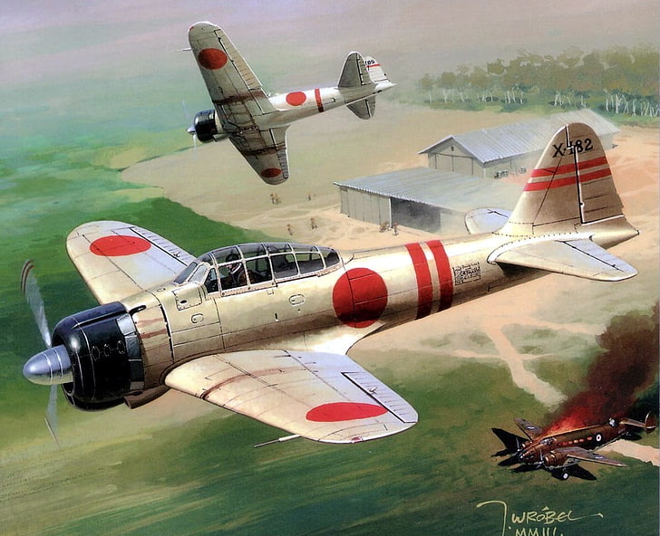 painting of two fighter planes, Japan, World War II, Zero, Mitsubishi, airplane, military, military aircraft, aircraft, Japanese, artwork, HD wallpaper
