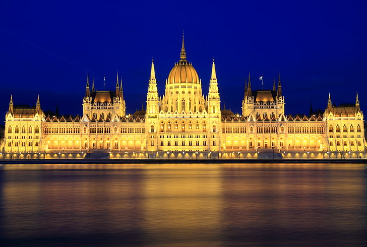 white building, the sky, night, lights, river, the building, lighting, backlight, architecture, blue, capital, Parliament, Hungary, Budapest, The Danube, HD wallpaper