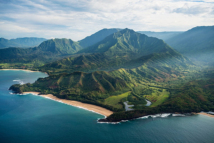 природа, Гавайи, пейзаж, горы, облака, вода, вид с воздуха, с высоты птичьего полета, парк юрского периода, HD обои