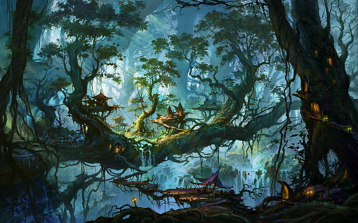 seni fantasi, karya seni, seni digital, hutan, pohon, air terjun, Wallpaper HD