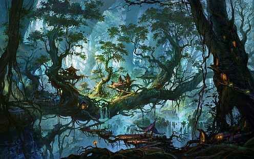 Fantasiekunst, Grafik, digitale Kunst, Wald, Bäume, Wasserfall, HD-Hintergrundbild HD wallpaper