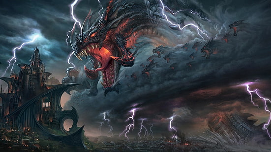 gray dragon illustration, dragon, fantasy art, HD wallpaper HD wallpaper