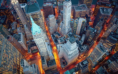Wall Street, night lights, aerial photography of concrete high rise buildings, US city, New York, Manhattan, Wall Street, Night Lights, HD wallpaper HD wallpaper