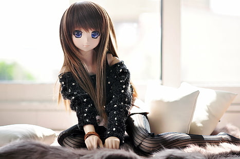 black dressed Anime doll on bed near two throw pillows, smile, black, dressed, Anime, doll, bed, throw, pillows, dd, Dollfie, Dream, bjd, volks, women, indoors, caucasian Ethnicity, lifestyles, sofa, people, females, beautiful, home Interior, one Person, laptop, HD wallpaper HD wallpaper