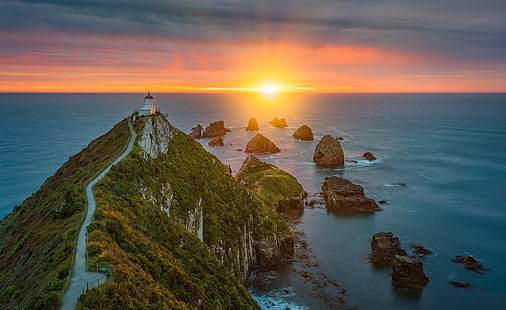 amanecer, el océano, rocas, amanecer, costa, faro, mañana, Nueva Zelanda, Océano Pacífico, Cabo, El océano Pacífico, Isla Sur, Otago, Nugget Point, Faro Nugget Point, Nugget Point Lighthouse, Fondo de pantalla HD HD wallpaper