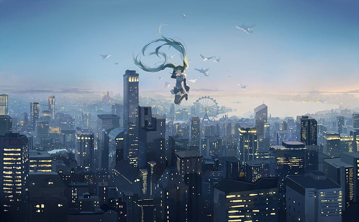 Hatsune Miku, Vocaloid, cidade, HD papel de parede