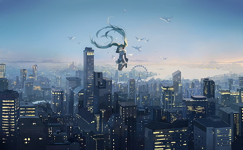 Hatsune Miku, Vocaloid, cidade, HD papel de parede HD wallpaper