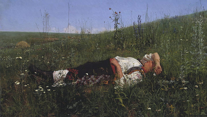 the sky, grass, flowers, oil, Canvas, Nikolay KUZNETSOV, Russian woman, In celebration, HD wallpaper