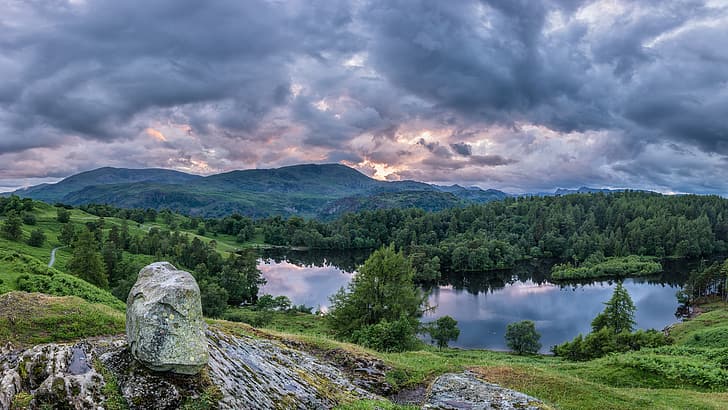 forest, mountains, lake, stone, England, panorama, The lake district, Cumbria, Lake District National Park, Tarn Hows, HD wallpaper