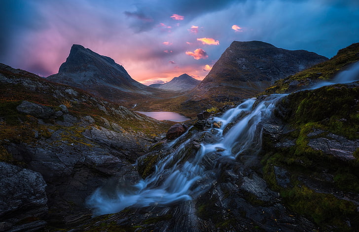 mountains, lake, waterfall, Norway, cascade, Romsdalen, HD wallpaper