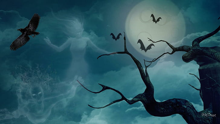Призрачное ночное небо, безлистное дерево под летающими летучими мышами и рисование в полнолуние, ужасные, сверхъестественные, вороновые, призрачные, призрачные, хэллоуинские, ужасающие, страшные, отвратительные, загадочные, HD обои