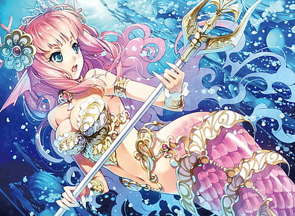 Pink Mermaid, lovely, yellow, girl, mermaid, flower, beautiful, cute, white, pink, ocean, sweet, pretty, blue, beauty, anime, HD wallpaper HD wallpaper