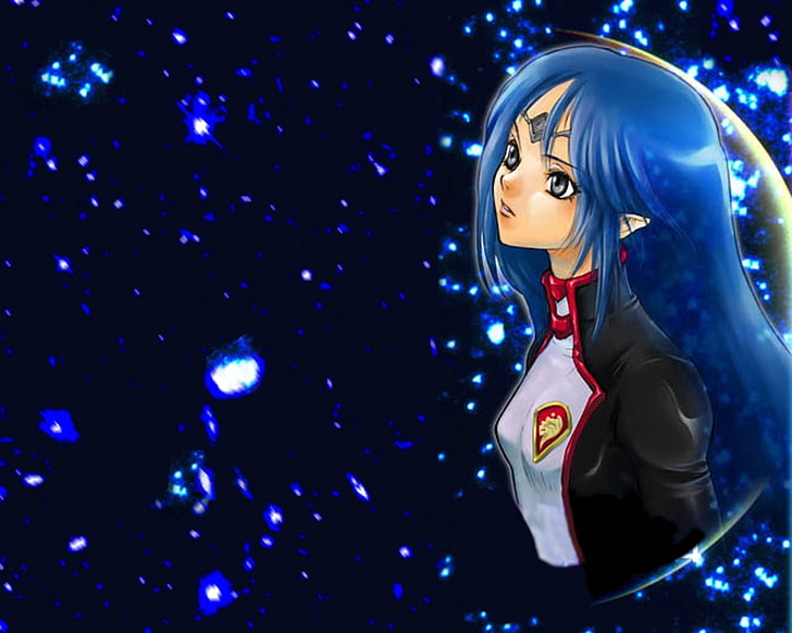 синие волосы женского аниме персонажа иллюстрации, agirl, эльф, вид, пространство, jewelr, HD обои