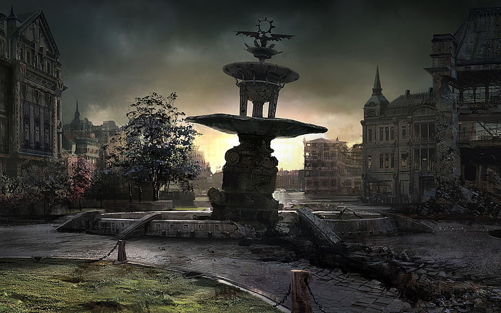 Ville abandonnée, fontaine abandonnée, fontaine abandonnée, abstrait 3D et CG HD Art, ps3, fontaine, ruines, ville abandonnée, fontaine abandonnée, ville en ruine, Fond d'écran HD