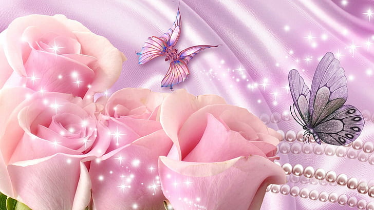 Розови рози върху сатен от лавандула, звезди, розови рози, сатен, спарил, лавандула, цветя, розово, перли, блясък, пеперуди, блясък, природа, HD тапет