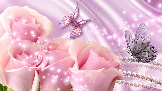 الورود الوردية على الساتان اللافندر ، النجوم ، الورود الوردية ، الساتان ، سباريل ، الخزامى ، الزهور ، الوردي ، اللؤلؤ ، اللمعان ، الفراشات ، الوهج ، الطبيعة، خلفية HD HD wallpaper