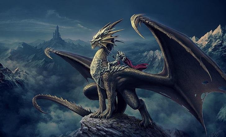 papel tapiz digital del dragón, arte, nick deligaris, dragón, jinete, montaña, castillo, torre, Fondo de pantalla HD