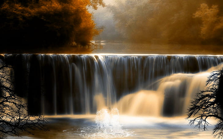 Красиви есенни водопади, дървета, гора, водопад, падания, есен, 3d и абстрактно, HD тапет
