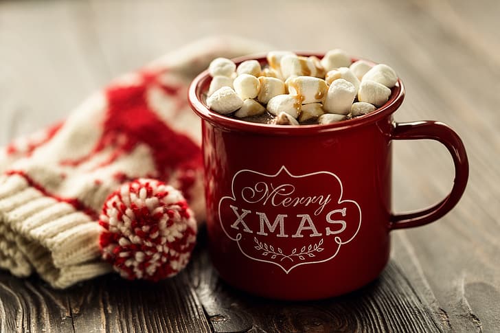 décoration, Nouvel An, Noël, mug, tasse, Noël, Joyeux, chocolat chaud, guimauve, guimauves, Fond d'écran HD