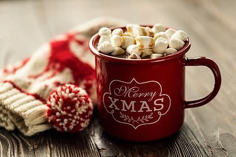 decoração, Ano Novo, Natal, caneca, xícara, Natal, Feliz, chocolate quente, marshmallow, marshmallows, HD papel de parede HD wallpaper
