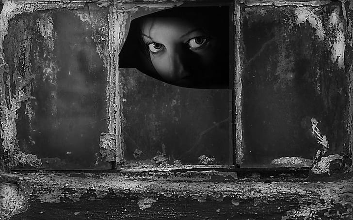 window, women, broken glass, eyes, face, dark, monochrome, HD wallpaper