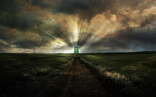 зелена врата срещу леки цифрови тапети, път, портал, врати в рая, поле, небе, птици, HD тапет HD wallpaper