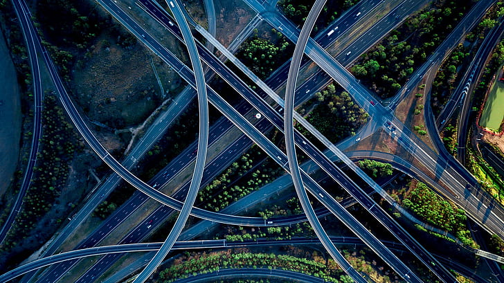 aerial view, road, traffic, HD wallpaper