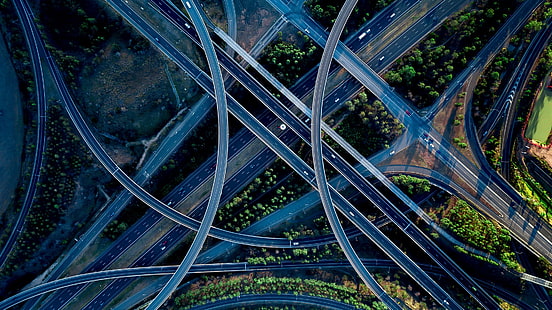 vista aérea, carretera, tráfico, Fondo de pantalla HD HD wallpaper